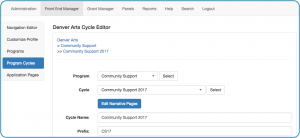 Image of Front End Manager tab Program Cycles sub tab with program and cycle drop down menus, edit narrative pages button, cycle name field and prefix field