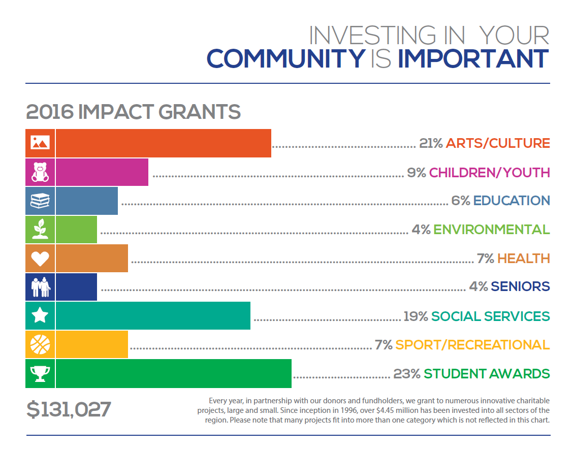 Bar/infograph depicting the investment in community broken down by 2016 impact grants. Bars are brightly colored and lead with an icon that matches the impact category