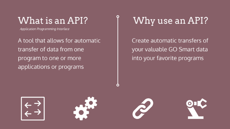 Mauve background with white text and icons: "What is an API? Application Programming Interface. A tool that allows for automatic transfer of data from one program to one or more applications or programs. Why use an API? Create automatic transfers of your valuable GO Smart data into your favorite programs.