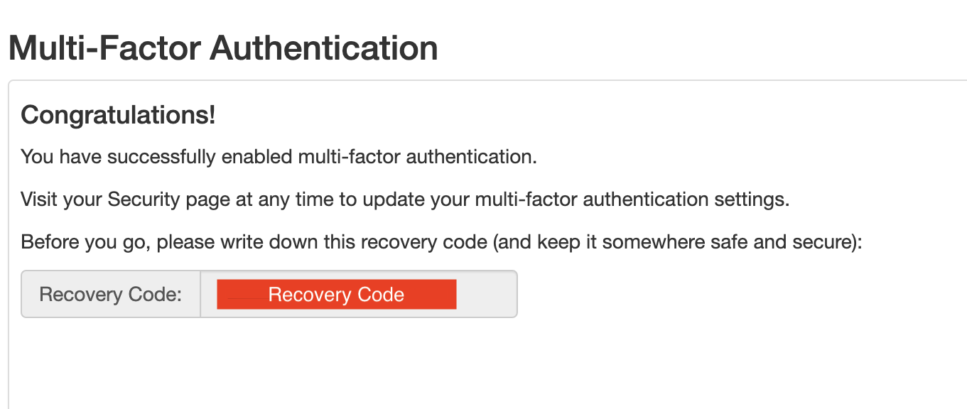 Confirmation page for Multi-Factor Authentication.
