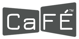 A gray CaFÉ logo.