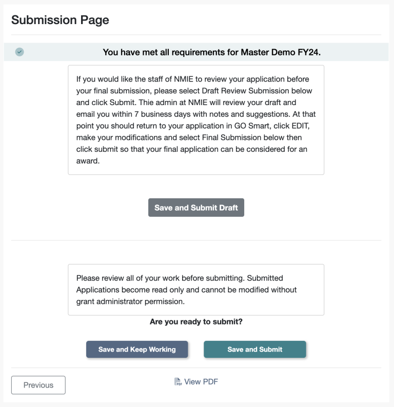 Screenshot of the submission page of a form showing the Save and Submit Draft button as well as the Save and Keep Working button, Save and Submit button, and example help text.