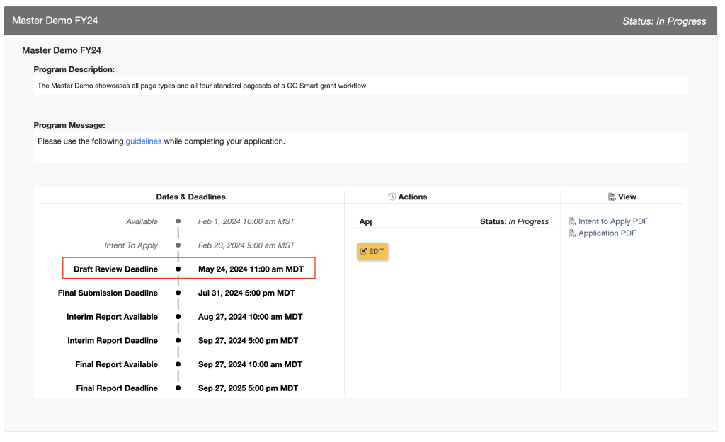 A screenshot of the applicant's current programs and applications page showing a cycle with a draft review deadline inside a red rectangle along with other elements of the cycle box.