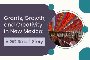 Header image with blog name Grants, Growth, and Creativity in New Mexico: A GO Smart Story on top of a purple background with green/teal circles.