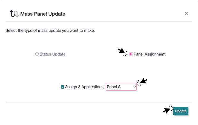 Pointer pointing to Panel button, panel dropdown, and Update button.